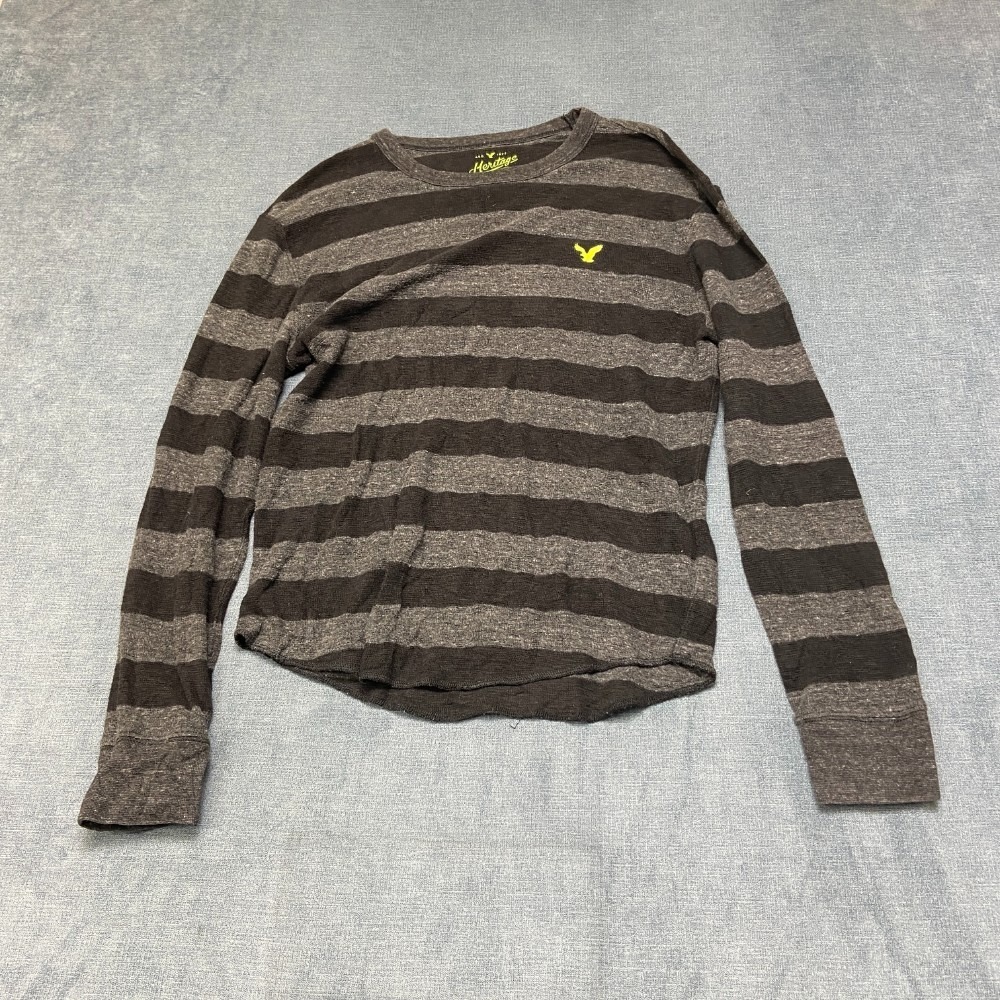 American Eagle Outfitters Heritage Thermal Shirt Women Medium Black Gray Striped